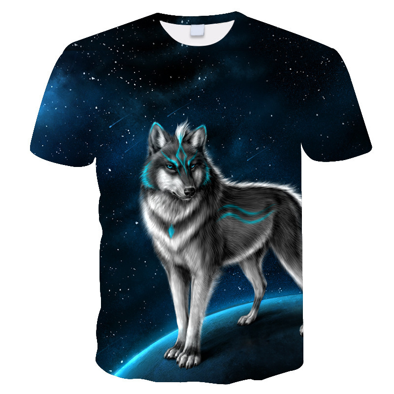 Summer short sleeve T-shirt men's and women's round neck loose size 3D trend wolf printing pattern half sleeve base shirt manufacturers wholesale