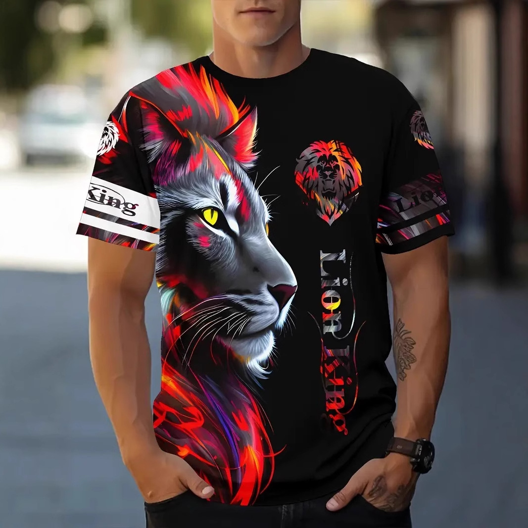 Colorido león KING venta caliente impresión 3D hombre calle suelta transpirable hombro jersey manga corta cuello redondo camiseta