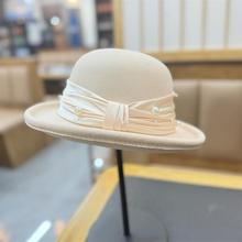 新款秋冬天卷边法式羊毛呢渔夫帽珍珠网纱气质盆帽优雅名媛礼帽子