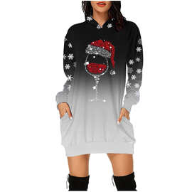 2023女士秋季单品长袖上新长款3D印花圣诞节女带帽卫衣裙口袋卫衣