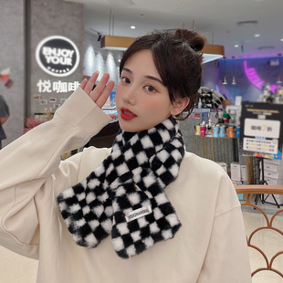 Internet Celebrity Checkerboard Imitation Rabbit Fur Scarf Korean Versatile Winter Black and White Plaid Korean Versatile Autumn and Winter Warm Scarf