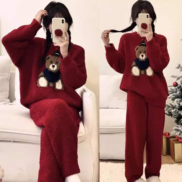Strawberry Half-Velvet Pajamas for Women 2025 Autumn and Winter Comfortable Fleece-Lined Warm Sweet and Cute Style Home Wear Two-Piece Set