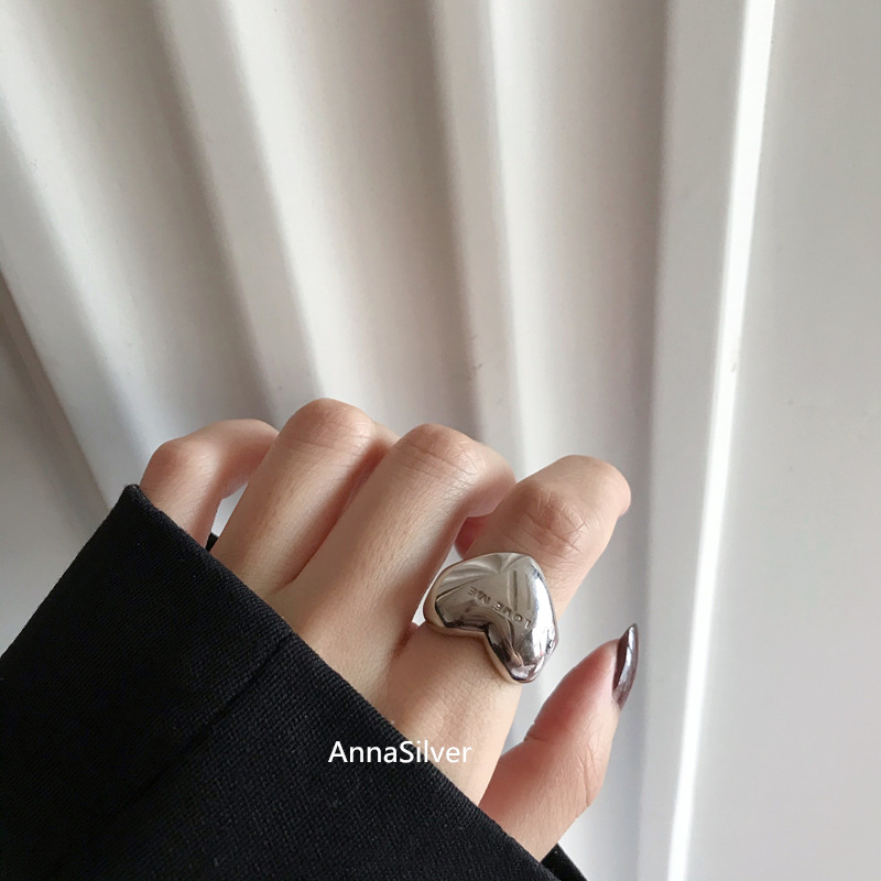 韩版S925银夸张心型戒指女复古时尚个性爱心字母love开口食指环潮