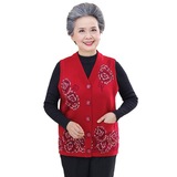 时尚绣花大码奶奶装有口袋23年中老年女装新款针织衫V领开衫马甲，女装马甲，妃慕昵服饰