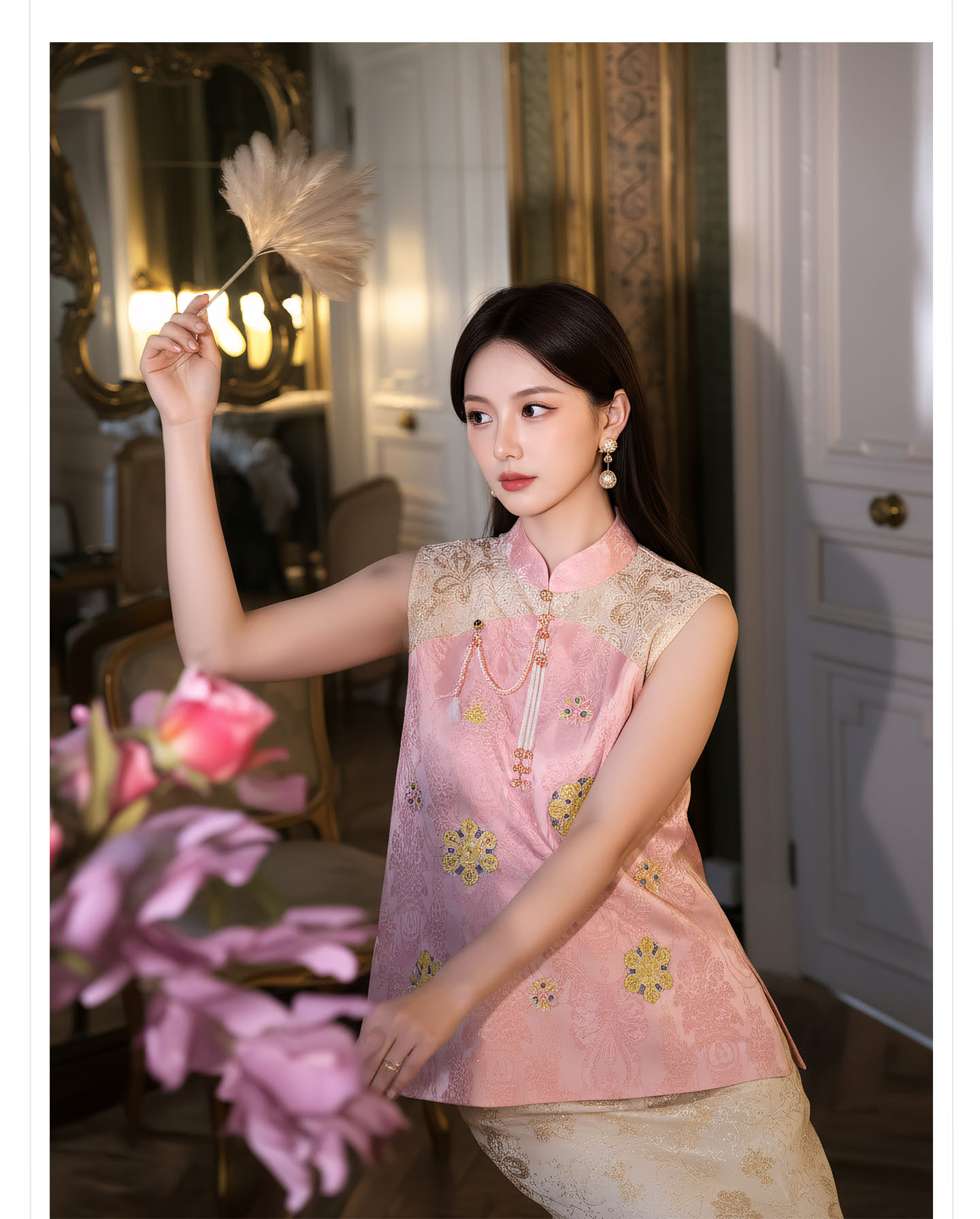 Bộ đầm vest không tay cổ đứng thêu hoa kết hợp chân váy ren phong cách Tân Trung Hoa — bộ đồ, nửa váy, Trang chủ chi tiết 2