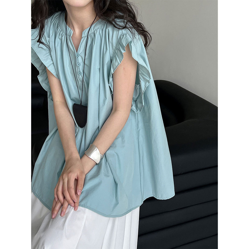 Luxi Korean Style Casual Ruffle Sleeve Shirt for Women, New Summer Style, Lazy V-Neck Pleated Flutter Sleeve Top 9738 Luxi Korean Style Casual Ruffle Sleeve Shirt for Women, New Summer Style, Lazy V-Neck Pleated Flutter Sleeve Top 9738