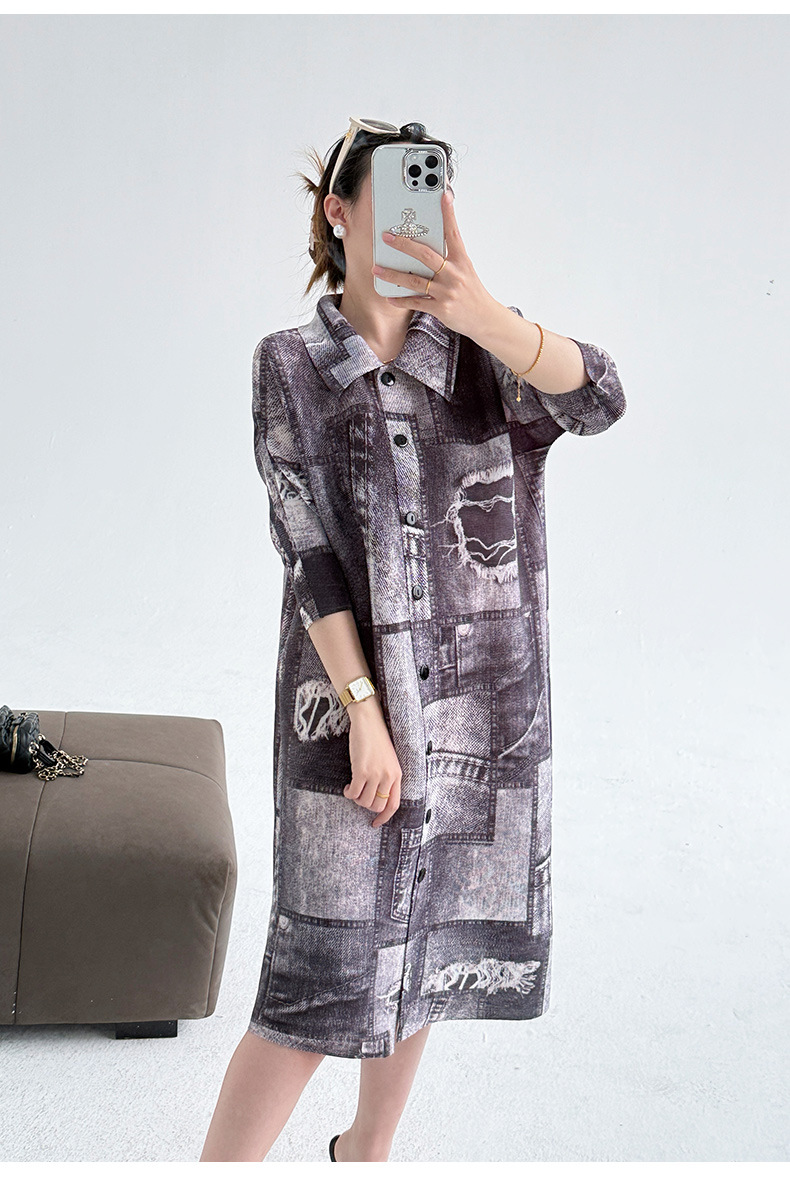 Váy liền thân denim in họa tiết, dáng suông cổ trụ, dài trung bình — Màu xanh lam chi tiết 14