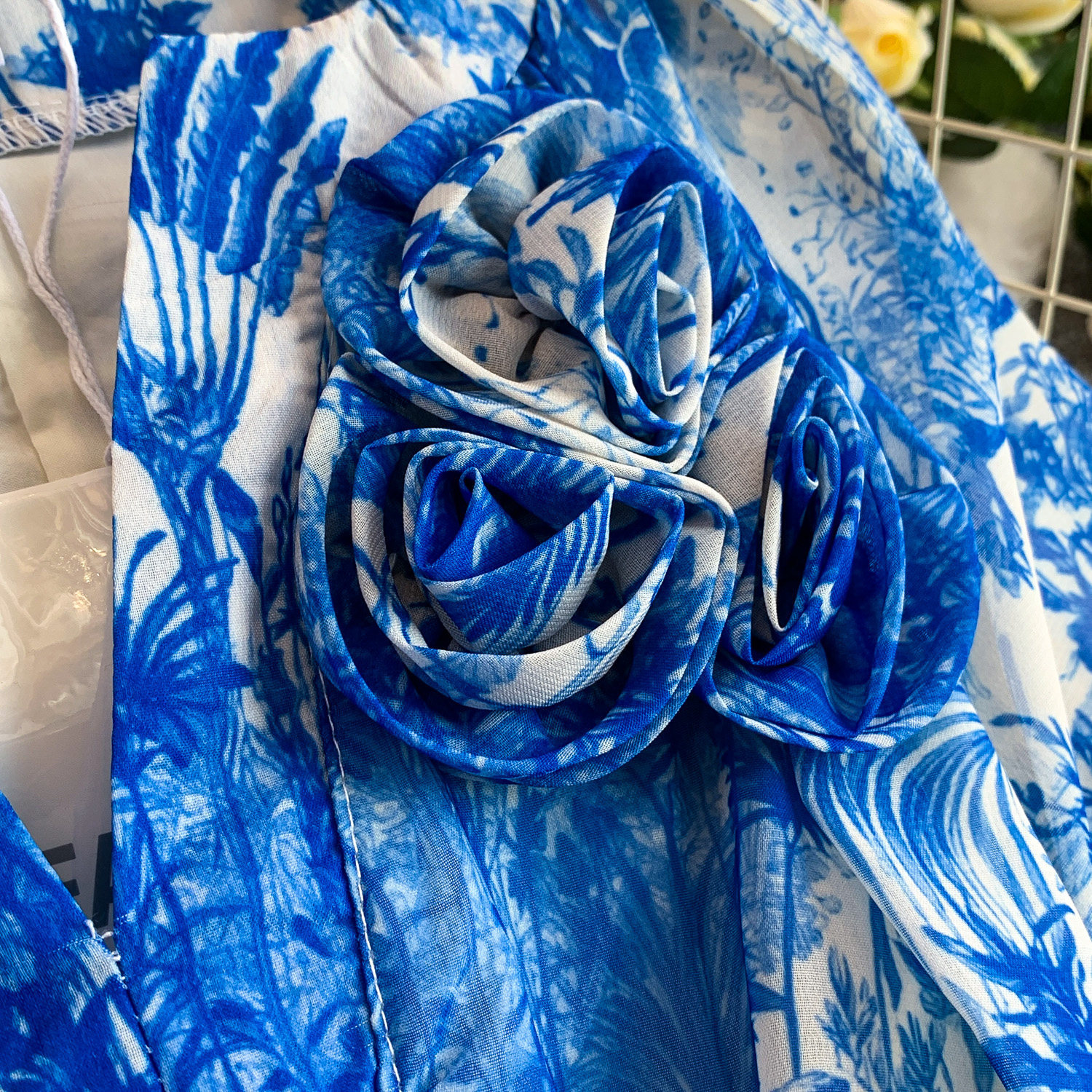 Women's Light French Romantic Style Tie Dye Floral Print Round Neck Dress Three Dimensional Flower Summer Slimming Pleated Long Skirt_ecoleips.com