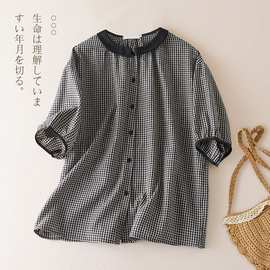 实拍日系棉麻格子短袖衬衫女夏季森系文艺风娃娃领宽松衬衣