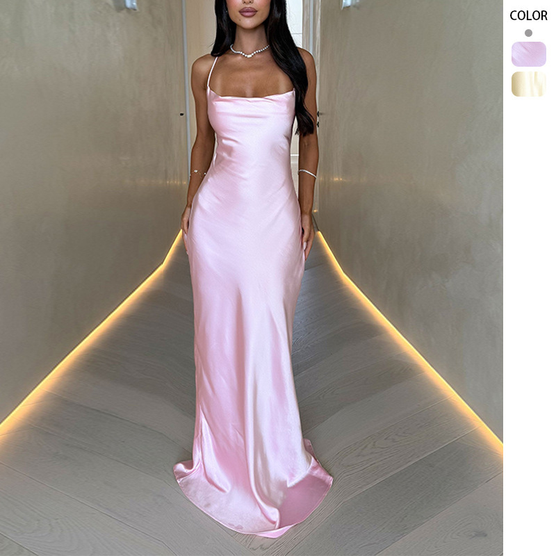 Factory direct supply of mid-length slim-fit sexy deep V-neck camisole dress, soft and smooth thin twisted satin silk long dress Factory direct supply of mid-length slim-fit sexy deep V-neck camisole dress, soft and smooth thin twisted satin silk long dress