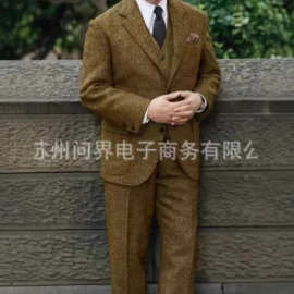 新款亚马逊西装男士套装三件套修身款商务宴会伴郎服新郎结婚西服