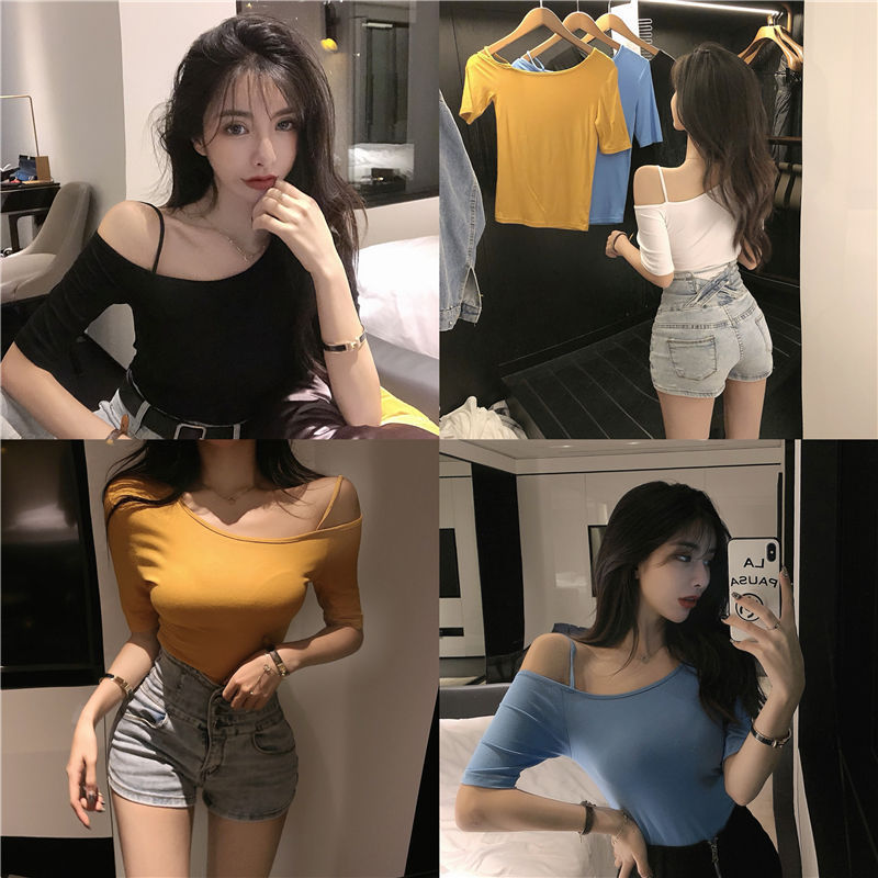 Summer New Online Celebrity Live Sexy Off-shoulder Strap Short-sleeved Top Slim-fit Slimming Solid Color T-shirt Base Shirt for Women