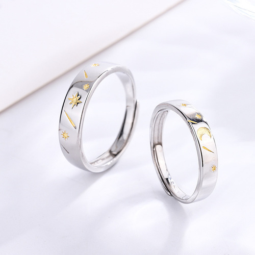 S925 sterling silver sun, moon and stars couple ring simple creative ring opening adjustable male and female pair of students