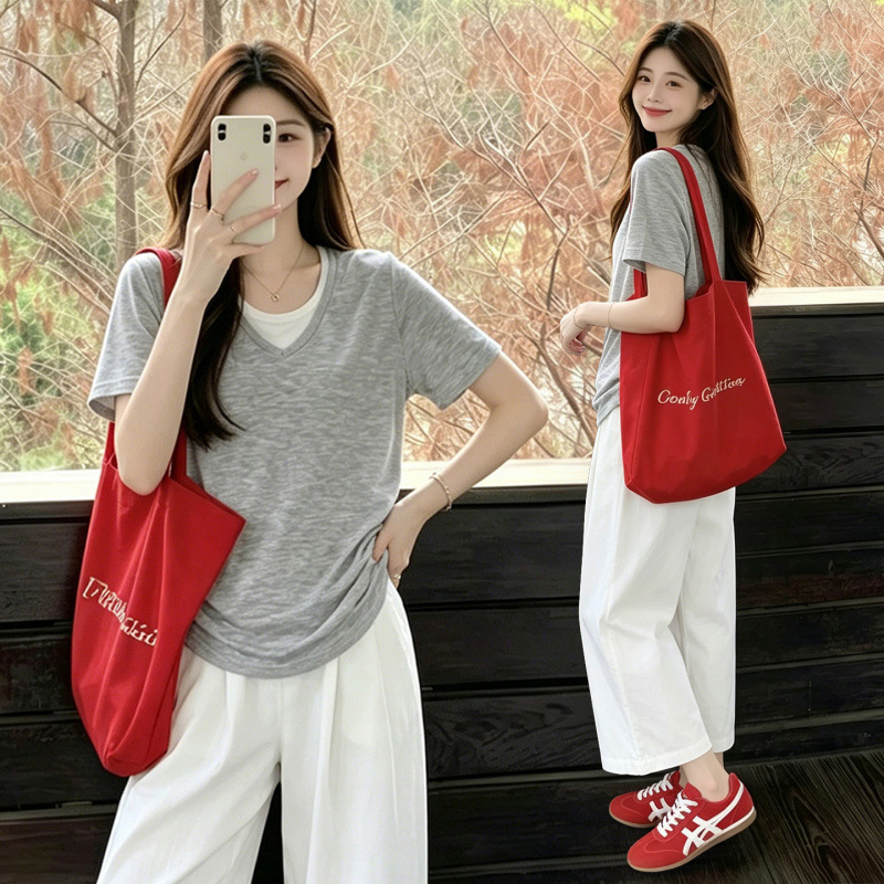 Maternity Set for Summer: Thin, Stylish, Faux Two-Piece Short-Sleeve T-Shirt with a Designer Feel, Top and Pants Outfit, Korean-Style Two-Piece Set Maternity Set for Summer: Thin, Stylish, Faux Two-Piece Short-Sleeve T-Shirt with a Designer Feel, Top and Pants Outfit, Korean-Style Two-Piece Set