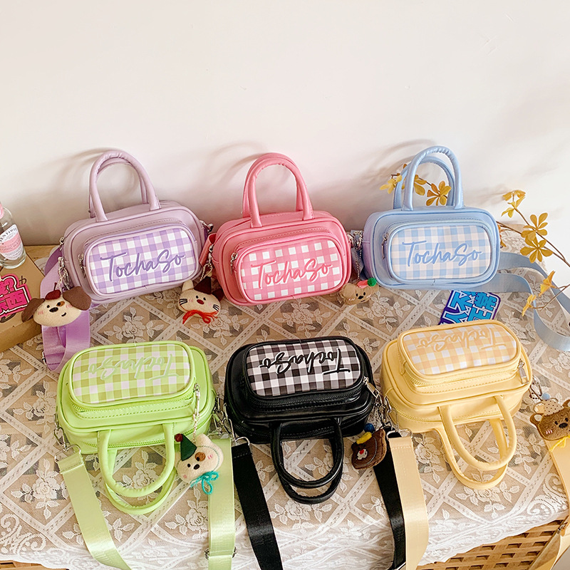 Bolsas de hombro a cuadros coreanas para niños y niñas dulces pequeñas y frescas bolsas de mano para bebés de color macarón nuevas bolsas para niños