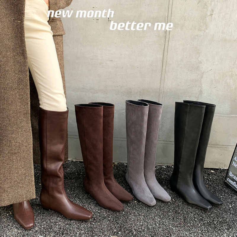 Full Cowhide Vintage Knee-High Boots with Hidden Height Increase, Genuine Leather Riding Boots, Korean-Style Suede Square-Toe Slim Boots Full Cowhide Vintage Knee-High Boots with Hidden Height Increase, Genuine Leather Riding Boots, Korean-Style Suede Square-Toe Slim Boots