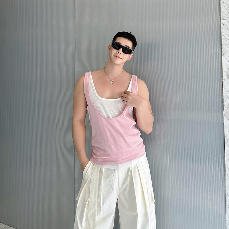 Designer Real Two-Piece Two-Color Layered Low-Neck Sleeveless Vest Summer Trendy Men's Casual Fitness Vest