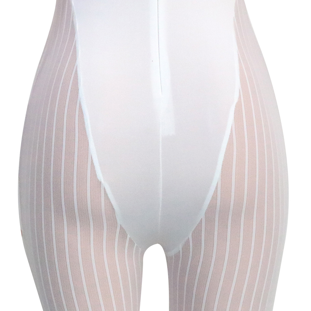 Sexy Bold Stripes Mesh See-through Sleeveless round Neck Jumpsuit for Women