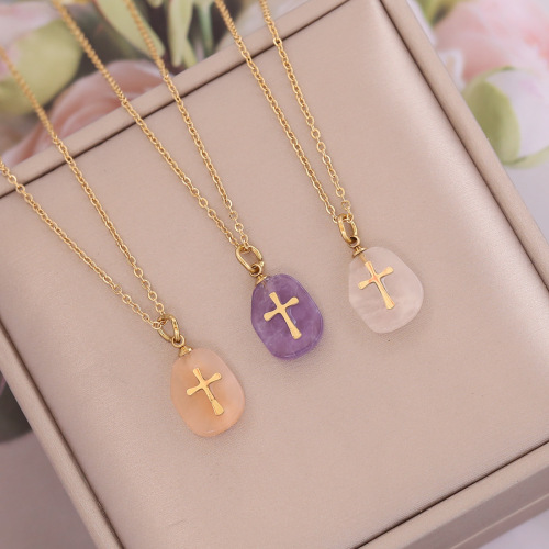 Europe and the United States jewelry natural stone cross stainless steel chain necklace female contracted clavicle 