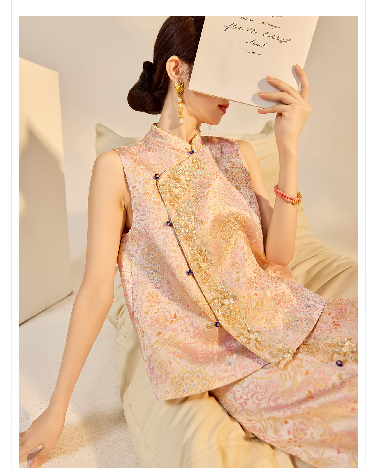 Bộ áo gile và chân váy chẻ cao phong cách Trung Hoa đính cườm thêu sequin mùa thu — nửa váy, Trang chủ chi tiết 3