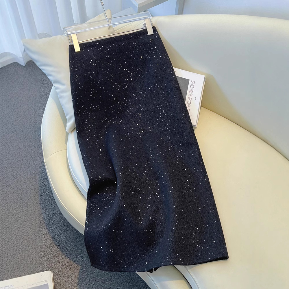 Woolen Black Sequin Skirt for Women Autumn and Winter 2025 New High-Waisted Mid-Length Straight Hip Skirt A-Line Skirt