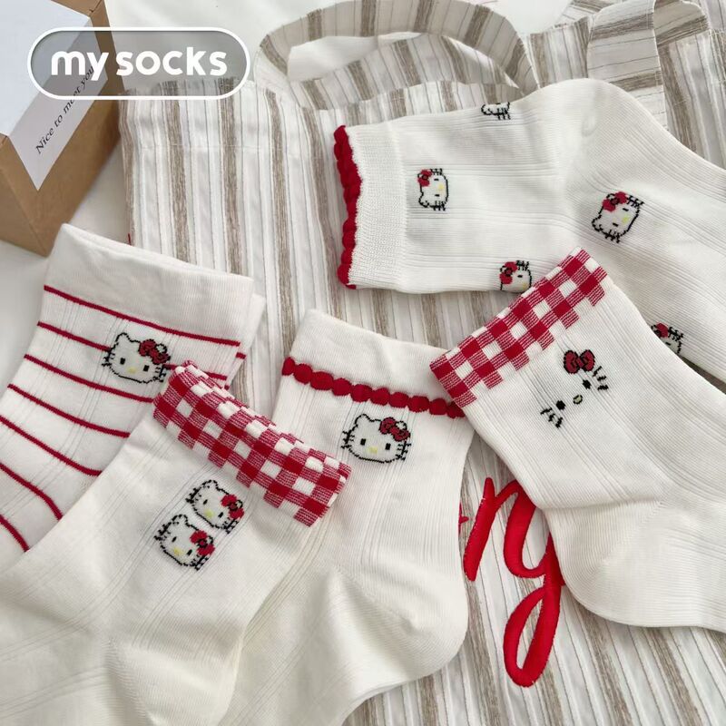 Summer New Style Socks for Women, Red and White Kt Cat Japanese Cartoon Slouch Socks, Lace Cotton Socks, Versatile Summer Mid-Calf Socks Summer New Style Socks for Women, Red and White Kt Cat Japanese Cartoon Slouch Socks, Lace Cotton Socks, Versatile Summer Mid-Calf Socks