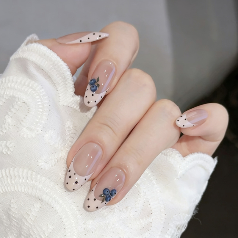 【Blueberry Delight】Purely Handmade Wearable Nails, French Blueberry Polka Dot Design, High-End Whitening Effect, Wearable Pure Handmade Nail Pieces