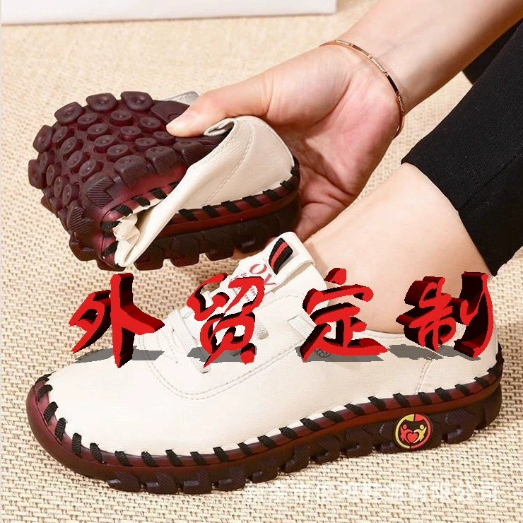 Трансграничные 35 -- 45 ручная шитья одиночная обувь 2025 летняя женская обувь среднего возраста обувь мама маленькая белая обувь плоская обувь повседневная обувь