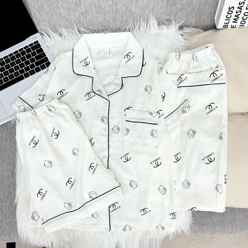 2026 New Women's Pajamas Cloud Cotton Cartoon Style Short-Sleeve Shorts Long Pants Three-Piece Set Wholesale