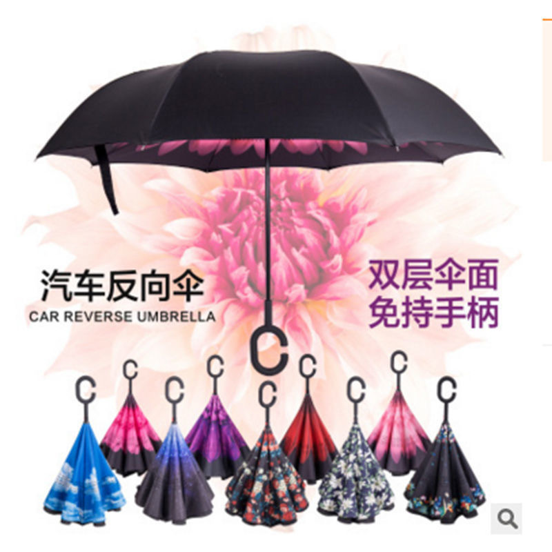 Reverse Umbrella with Long Handle for Women, Suitable for Car Use, Dual-Purpose for Sun and Rain, Fully Automatic Long Handle Umbrella, Straight Pole Umbrella, Double-Layer Sunshade Reverse Umbrella