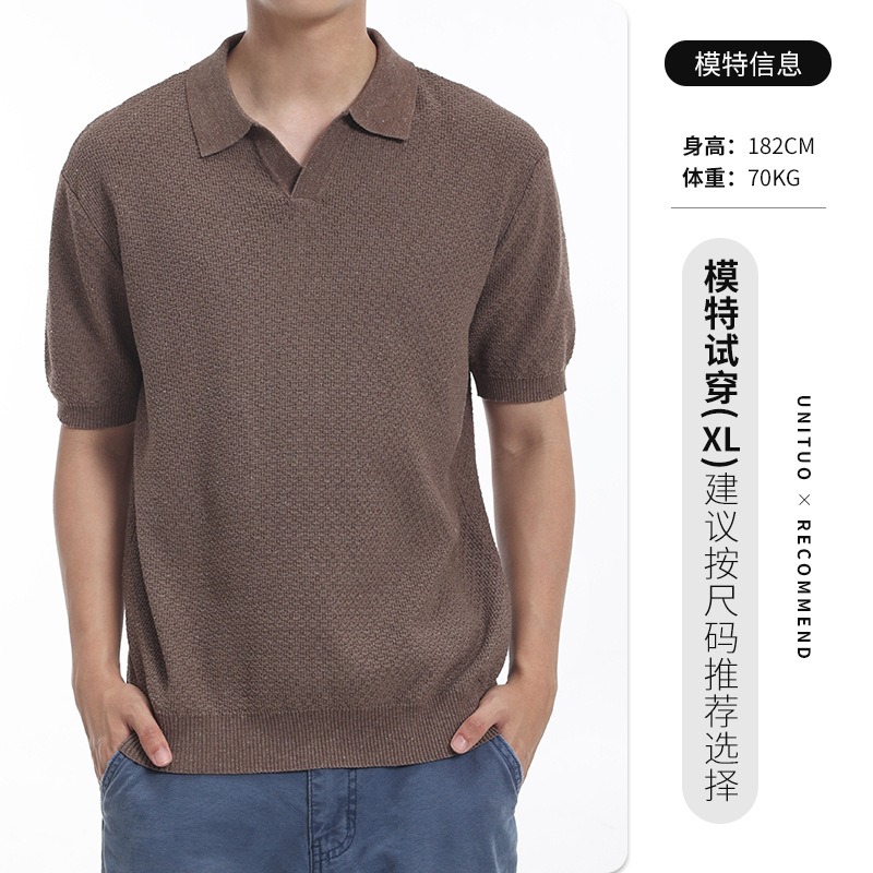 Hombres viejos ganchos de hielo de seda de punto polo camiseta de manga corta hombre de alto nivel de negocios gaviota cuello camiseta de luces para hombres
