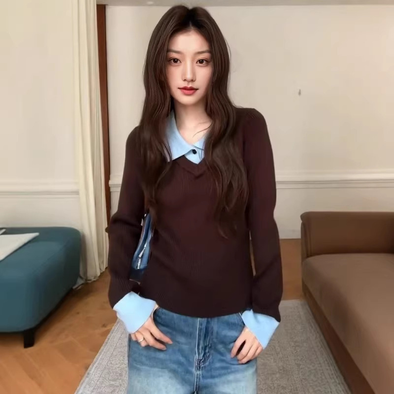Brown Inner Top for Women, Spring Season, Faux Two-Piece Base Shirt, Regular Shoulder Fit, Slim Sweater, Polo Collar Knitwear Brown Inner Top for Women, Spring Season, Faux Two-Piece Base Shirt, Regular Shoulder Fit, Slim Sweater, Polo Collar Knitwear