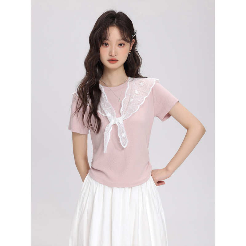 Plus-Size Women's Fashion Stylish Short-Sleeve Lace Shawl T-Shirt Summer Ruched Waist Slimming Versatile Top