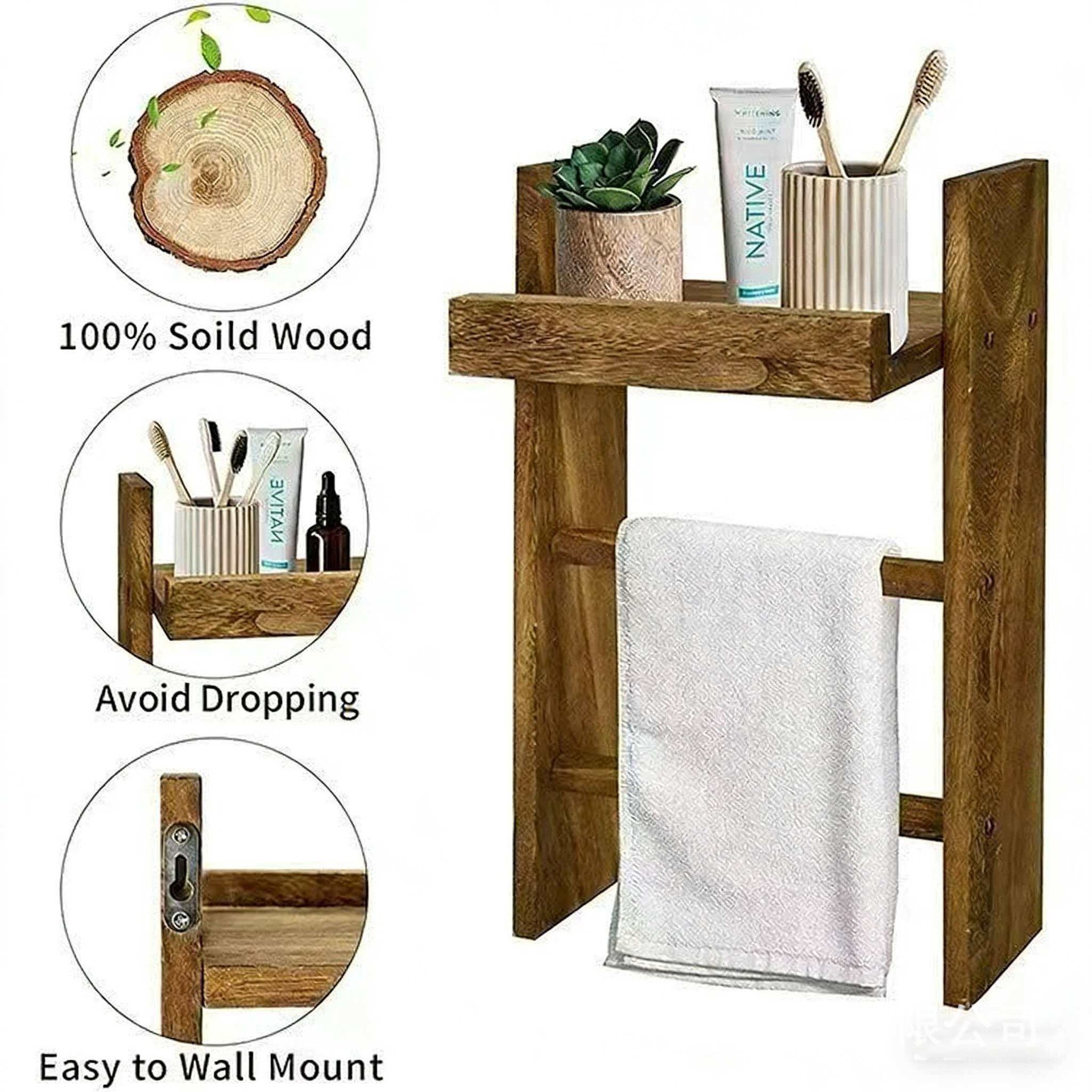 Cross-Border Wooden Bathroom Storage Rack, Wooden Wall-Mounted Rack, Towel Rack, Vintage Towel Draining Rack, Solid Wood Storage Rack