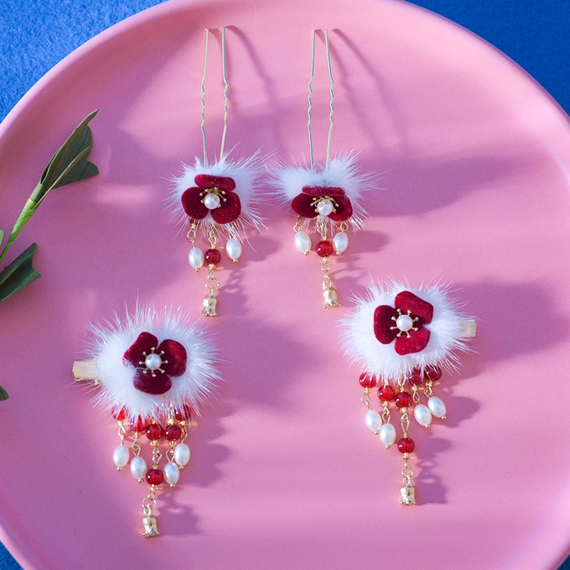 Детская Новогодняя красная пара заколок для волос в китайском стиле с кисточками, антикварные головные уборы ханьфу для девочек