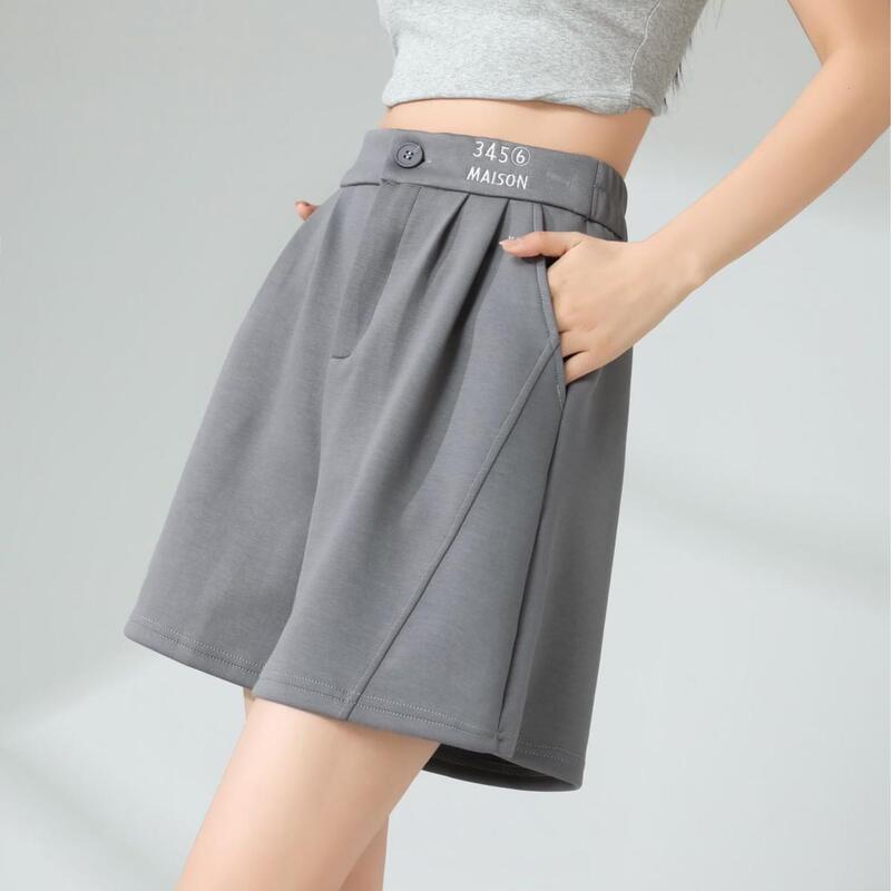 女性用エアレイヤークラウドパンツ、夏用薄手刺繍ハイウエストルーズスリミングワイドレッグ5点パンツカジュアルショートパンツ|undefined