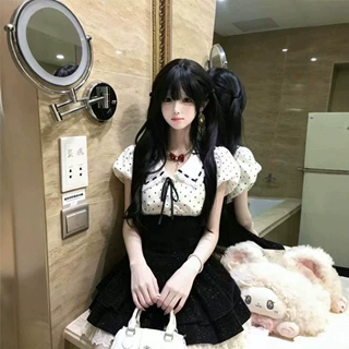 千金风夏季波点物语白色波点上衣女款黑白丝绒背带裙收腰显瘦套装