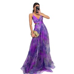 2025年ヨーロッパとアメリカの春夏の新しいメッシュプリントサスペンダードレスは、休暇、レジャー、パーティーに適しています。