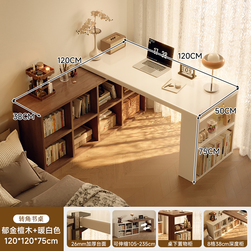 Escritorio de esquina de madera sólida, comedor de dos en uno, escritorio de estudio doméstico para adultos, estante, escritorio de computadora en forma de L medieval