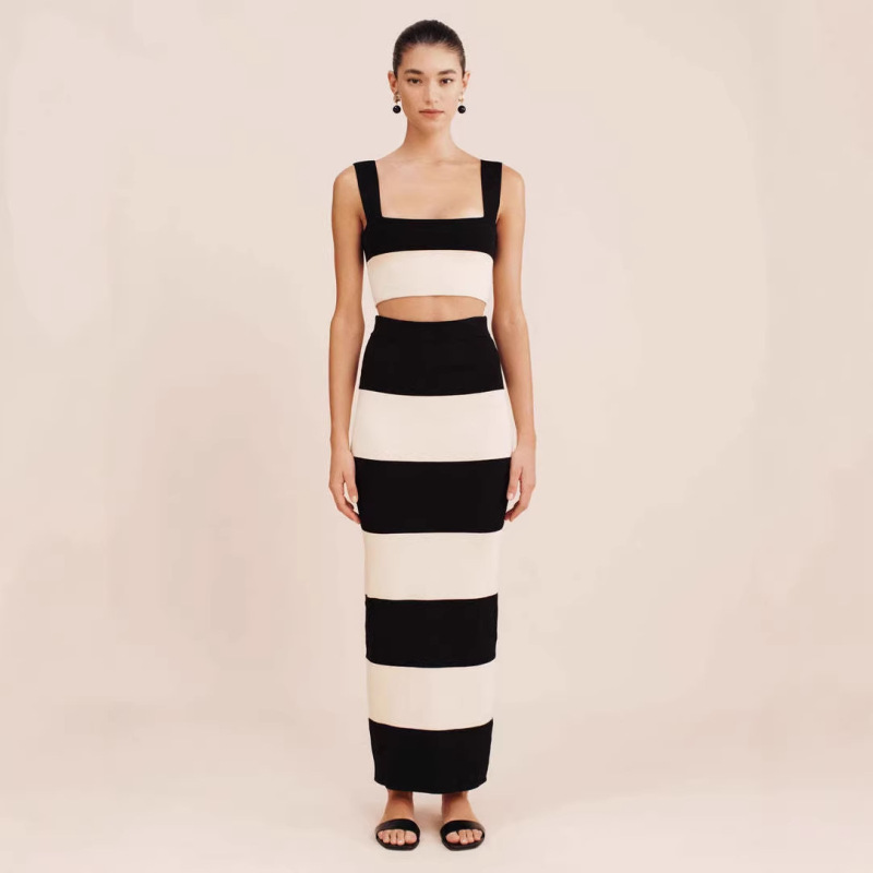 European and American 2026 New Cross-Border Women's Fashion Spicy Girl Black and White Tube Top Striped Color-Blocking Knit Long Dress Set