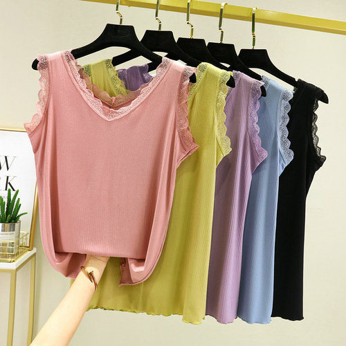 Lace-Trimmed Spliced Double-V Neck Camisole for Women – Spring/Summer New Arrival, Sleeveless Base Top for Outer Wear or Layering