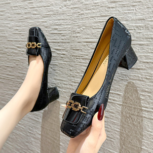 Elegant New Square-toed High Heels Thick Heel Small Leather Shoes Women's Shoes Fashion Casual All-match Daily Summer Single-layer Shoes Shallow Mouth