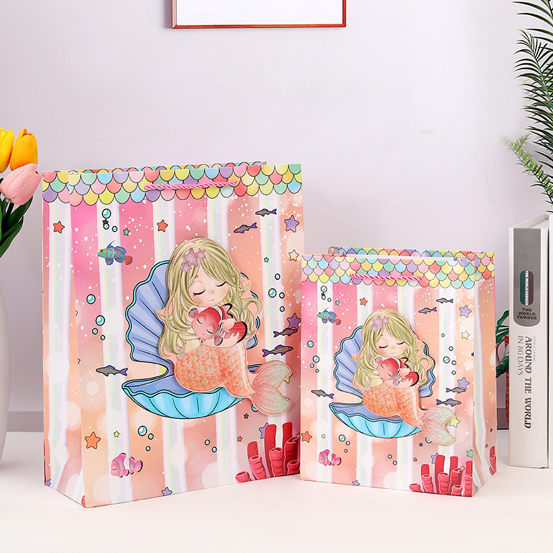 Mermaid de dibujos animados bolsa de regalo creativa comercio exterior punto transfronterizo bolsa de papel tridimensional bolso de mano para niños al por mayor