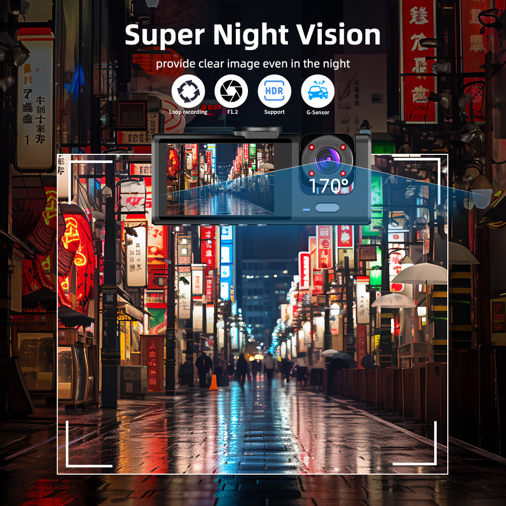 Three-Camera Dashcam with High-Definition Night Vision, Mobile Phone Connectivity, Simultaneous Recording of Front, Interior, and Rear of the Vehicle