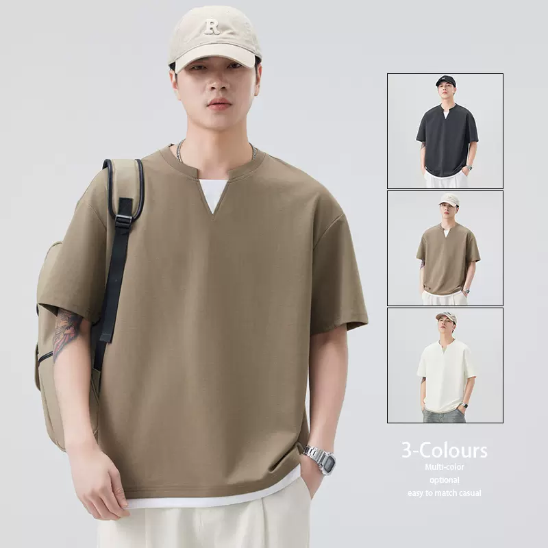 尚谷男装 t恤男短袖夏季刺绣V领米白摩卡深灰日式复古亚麻宽松