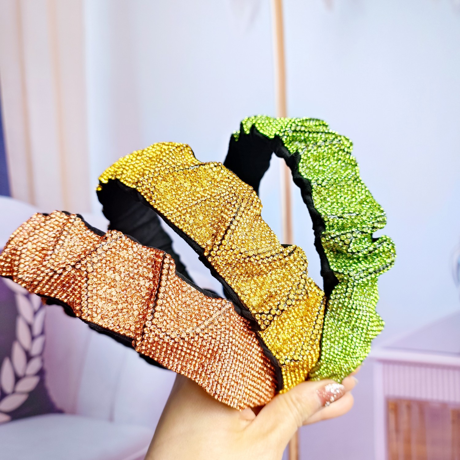 2023新款韓版水鑽縐皺發箍女髮夾簡約時尚閃亮百搭輕奢風頭箍髮飾