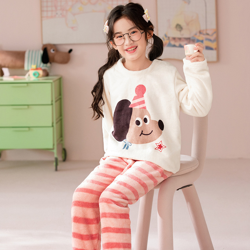 Otoño y invierno coreano para niños niñas pajamas de franela conjunto de ropa delgada para padres e hijos pesados pajamas de niños