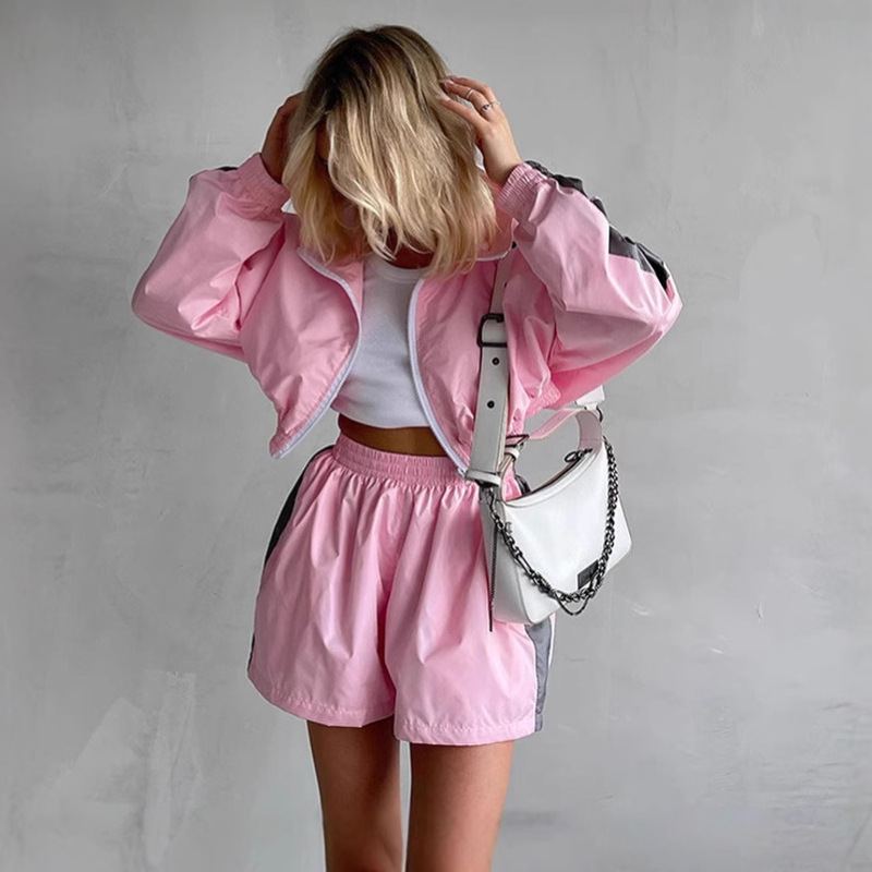 European and American Cross-Border Women's Casual Fashion Color Matching Suit Loose Zipper Cardigan Long-Sleeved Contrast Top Sports Shorts European and American Cross-Border Women's Casual Fashion Color Matching Suit Loose Zipper Cardigan Long-Sleeved Contrast Top Sports Shorts