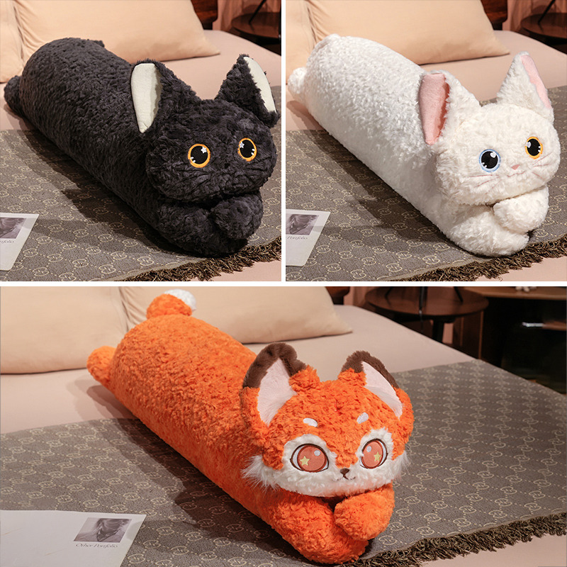 Caricaturas transfronterizas lindas rizos belleza gatos almohadas de tira largo Katch Devon gato rizos gato negro acostado lateral almohadas de piernas