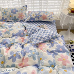 A set of 100% cotton bed linens with a one-piece design, featuring a modern Instagram-style four-piece set including a duvet cover, sheet, and bed skirt, all in a pure cotton package.